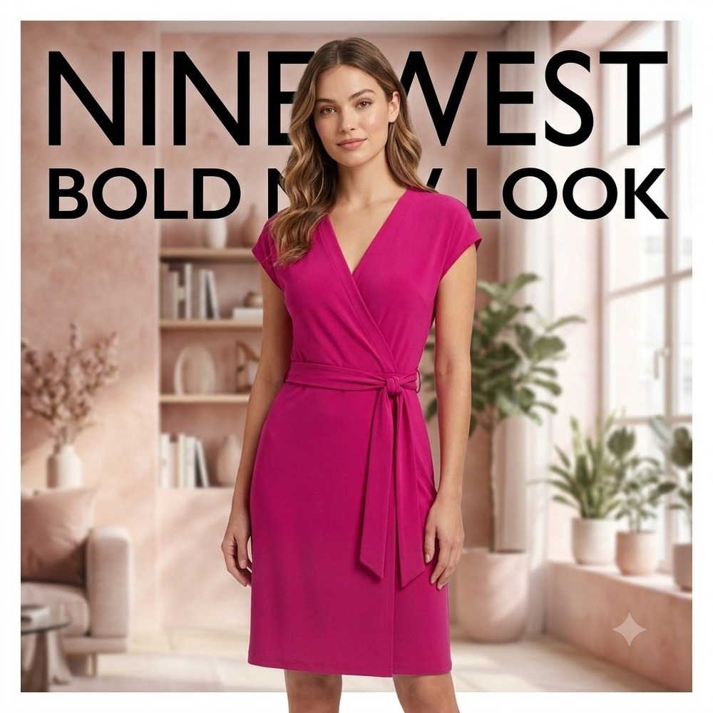 Nine West Magenta Pink Faux Wrap Dress Cap Sleeve Tie Waist XS RN 73277